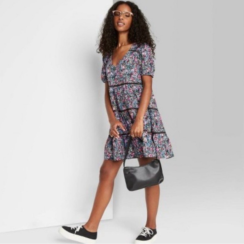 Wild Fable Floral Print Short Sleeve Tiered‎ Babydoll Flowy Mini Dress Siize XS
